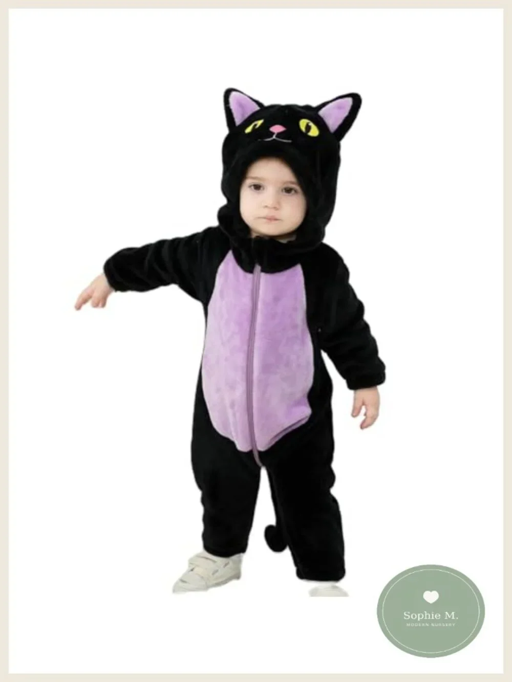 Toddler Black Cat Costume Halloween Outfit Long Sleeve Hooded Jumpsuit Polyester